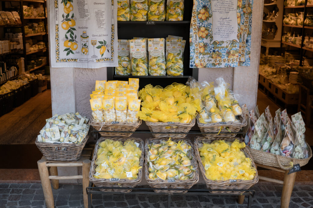 Lemon products in a shop in Limone del Garda during an Italy elopement day