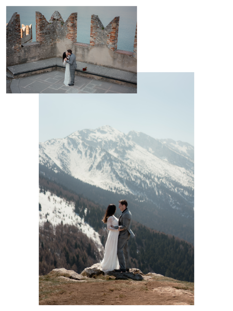 Malcesine elopement photo collage with castle portraits and Monte Baldo mountain views