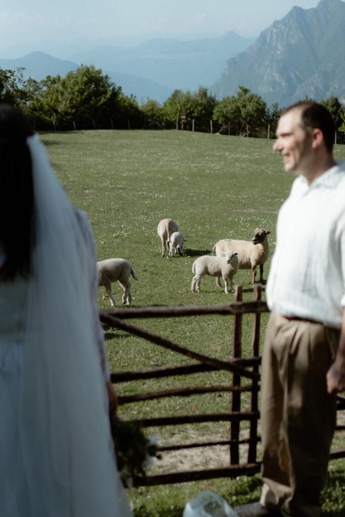 Couple walking near sheep during their Monte Isola elopement with Lake Iseo views