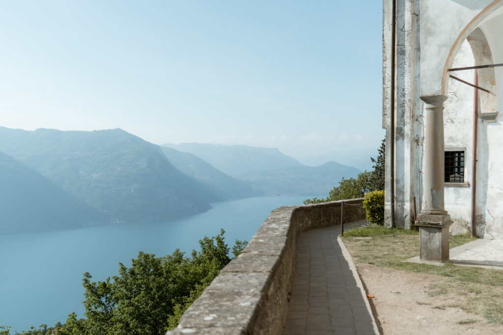Church terrace overlooking Lake Iseo during a Monte Isola elopement day in Italy